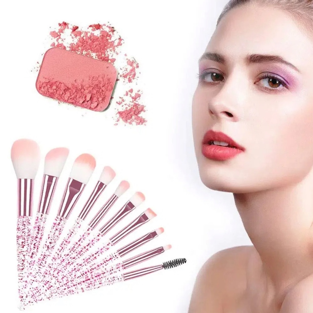 Ten Piece Makeup Brush Set with Glitter Handle Professional Full Coverage - Picture 10 of 11
